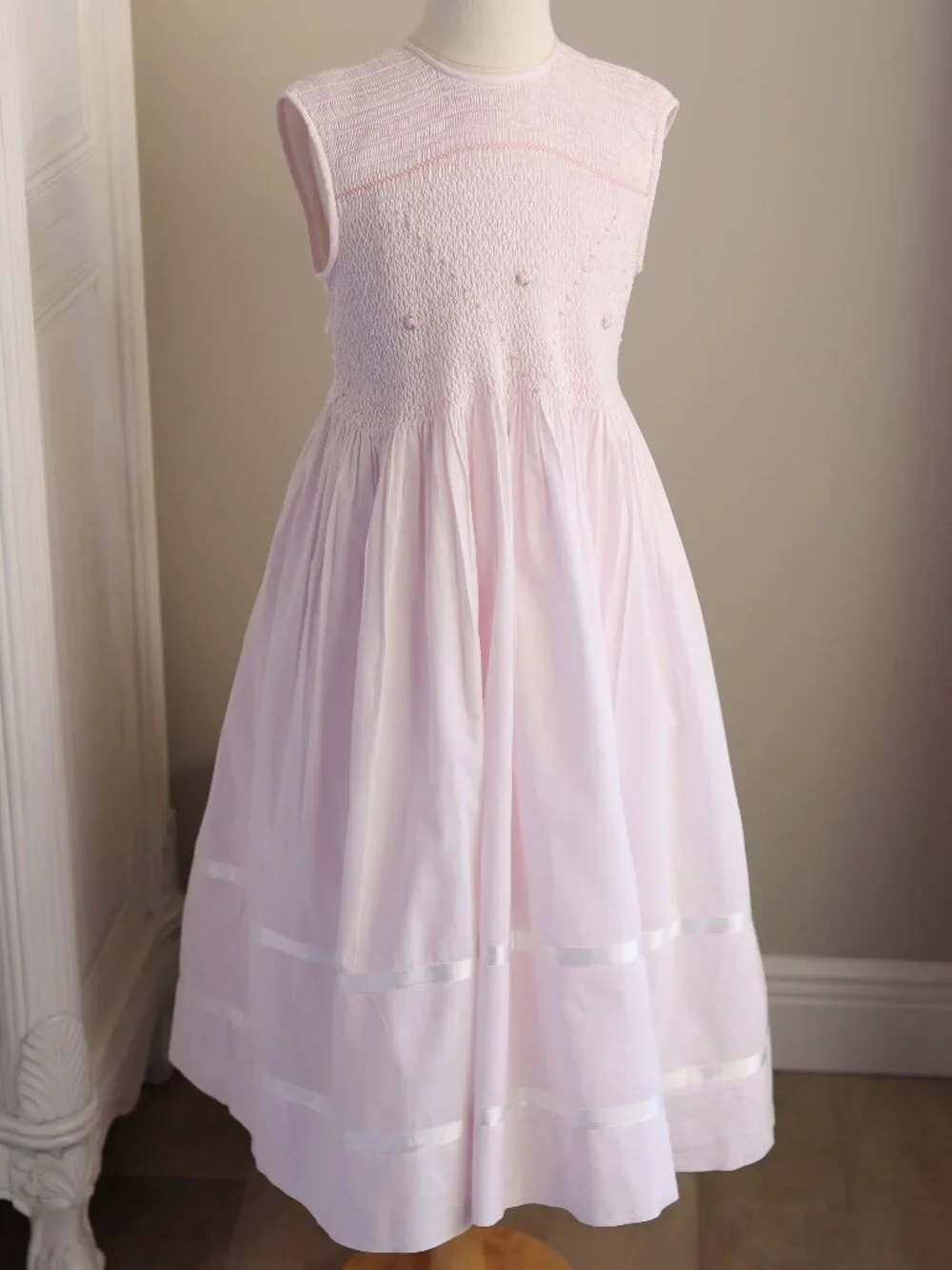 Strasburg Pink Smocked Dress Heirloom White Ribbon Size 8 Spring Summer Portrait